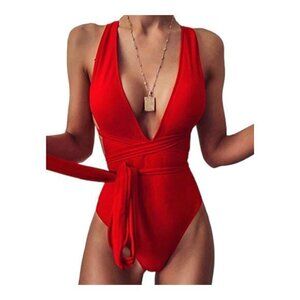Red Halter Deep V-Neck Plunging Wrap Monokini Swimsuit Size XL NWT #0472-DS